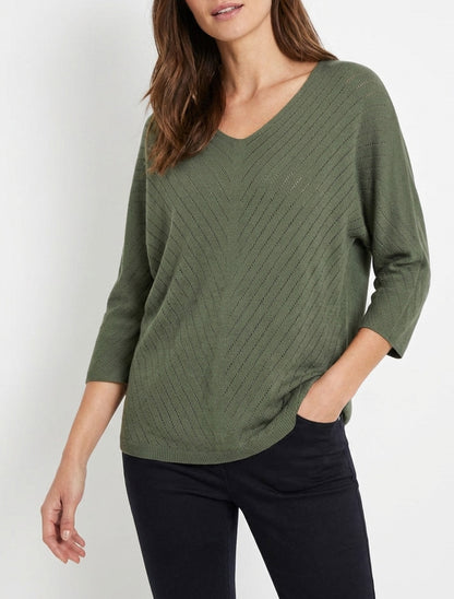 Maglia sottile unita con linee traforate - Cachi