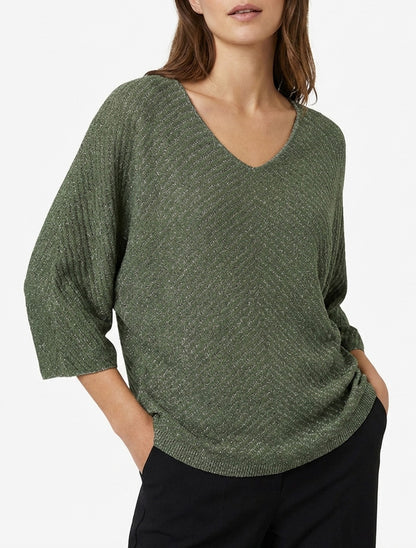 Maglia sottile iridescente con maniche 3/4 - Cachi