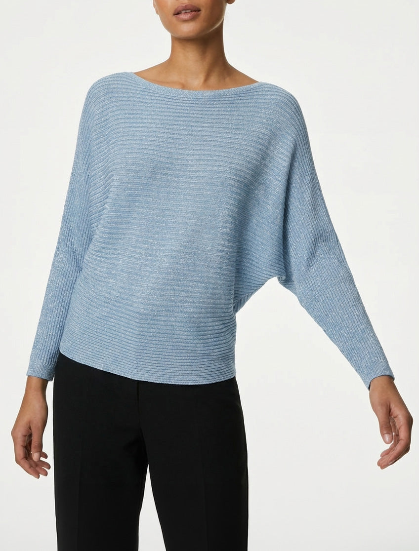 Maglia sottile iridescente a maniche lunghe pipistrello - Azzurro cielo