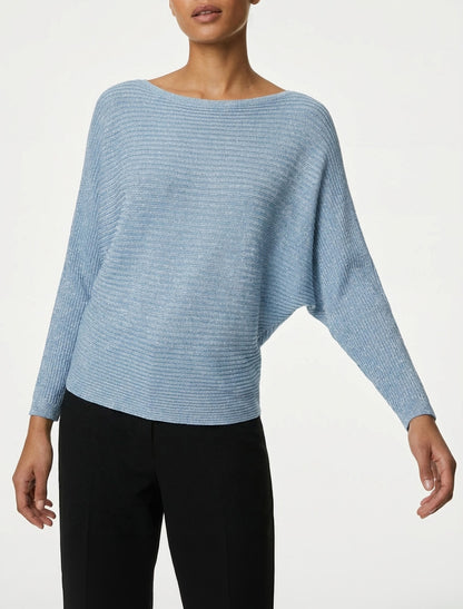 Maglia sottile iridescente a maniche lunghe pipistrello - Azzurro cielo