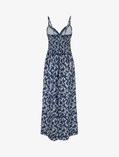Robe longue fleurie à dos élastiqué - Marine - 2