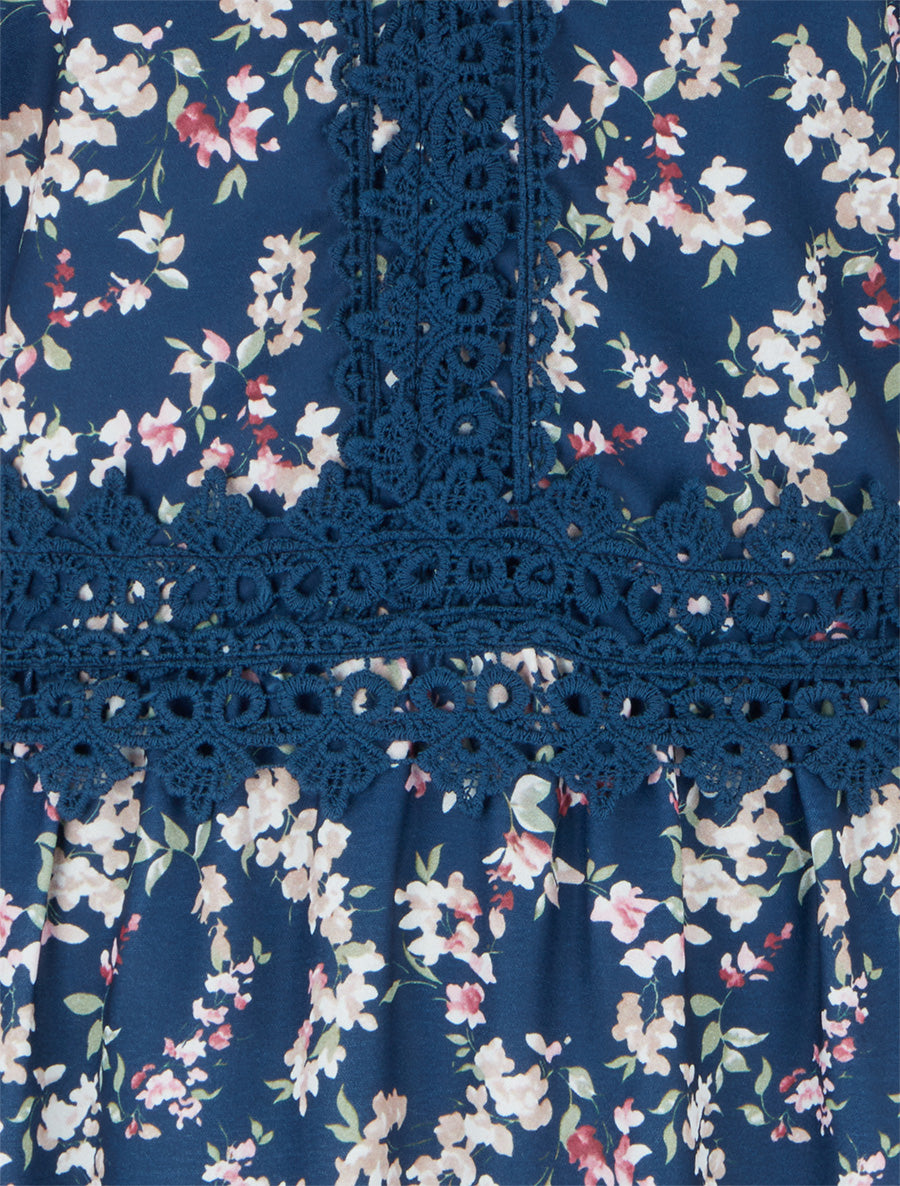 Robe longue fleurie à dos élastiqué - Marine - 3