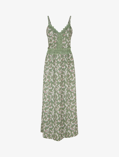 Robe longue fleurie à dos élastiqué - Kaki - 1