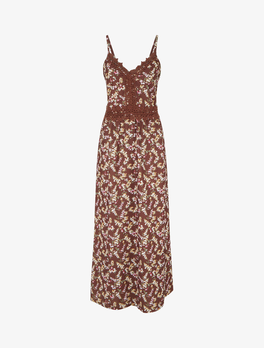 Robe longue fleurie à dos élastiqué - Marron - 1
