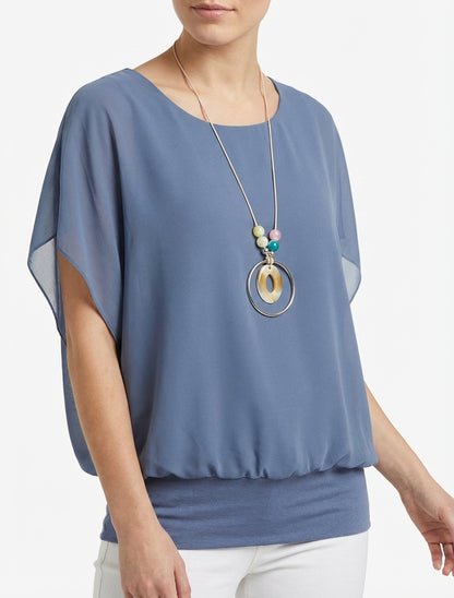 Top a tinta unita con maniche corte - Blu grigio