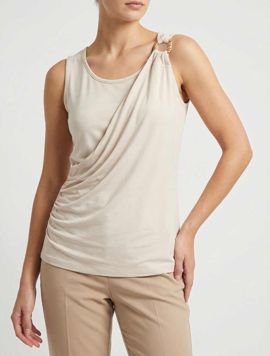 Top senza maniche effetto drappeggiato con spallina gioiello - Beige