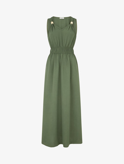 Robe unie à empiècement perles en bois - Kaki - 1