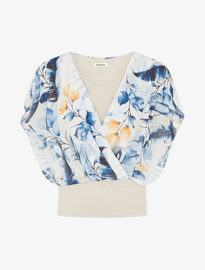 Top imprimé feuilles à manches volantées - Bleu - 1