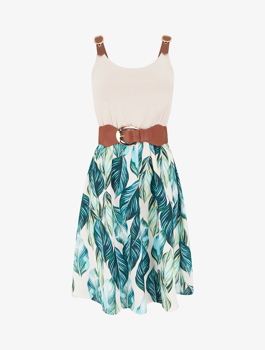 Robe mi-longue imprimée à bretelles en simili - Vert - 1