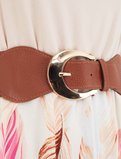 Robe mi-longue imprimée à bretelles en simili - Beige - 3