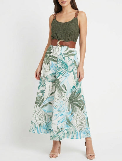 Abito lungo con stampa tropicale e spalline similpelle - Cachi