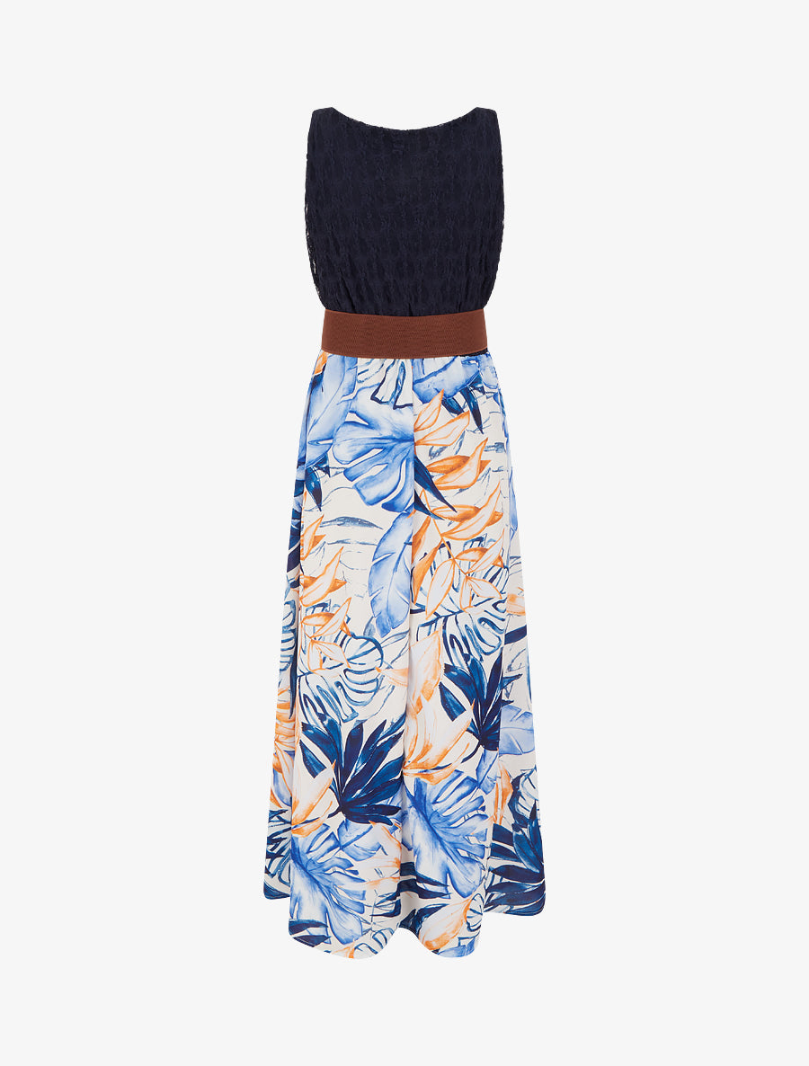 Robe longue à imprimé tropical et bretelles simili - Marine - 2