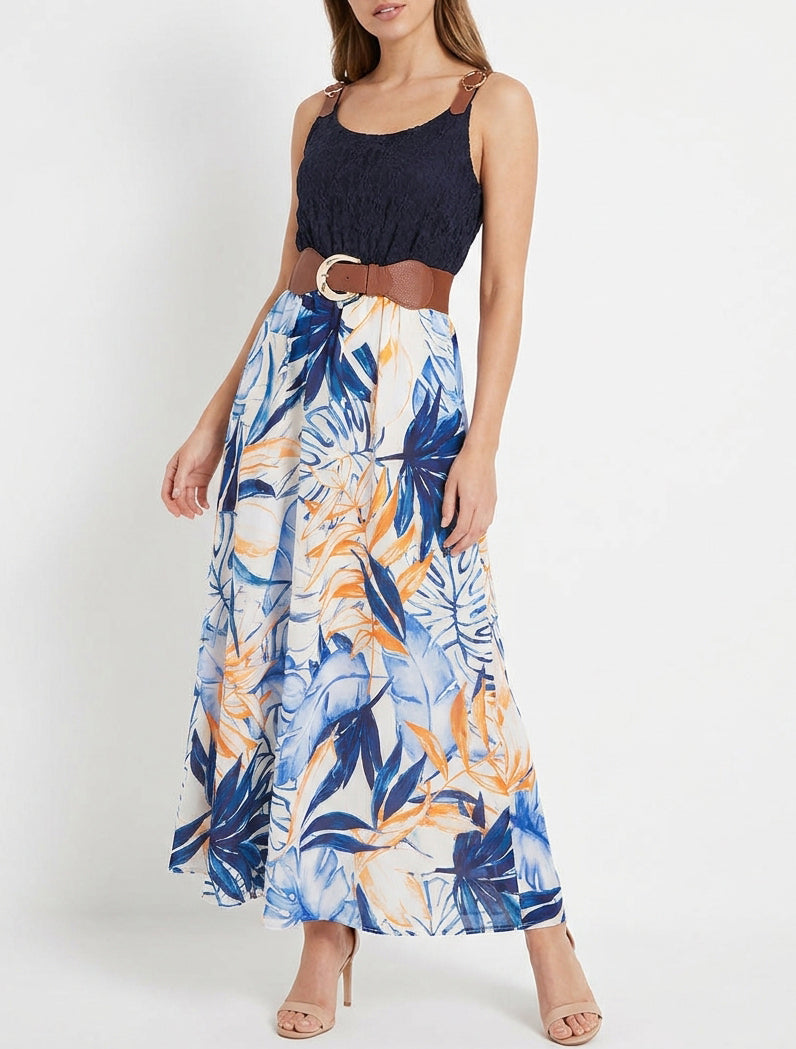 Abito lungo con stampa tropicale e spalline similpelle - Marina