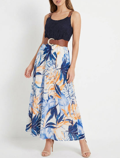Abito lungo con stampa tropicale e spalline similpelle - Marina