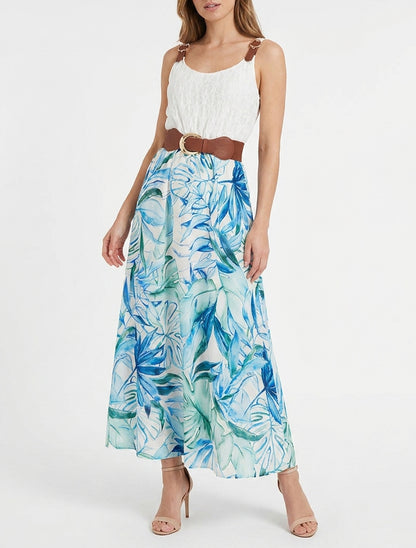 Abito lungo con stampa tropicale e spalline similpelle - Blu