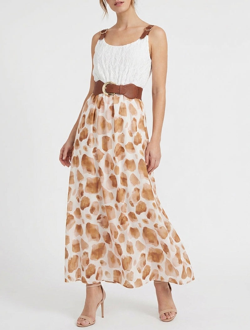 Abito lungo con stampa giraffa e spalline similpelle - Marrone