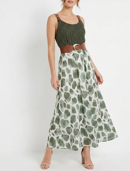 Abito lungo con stampa giraffa e spalline similpelle - Cachi