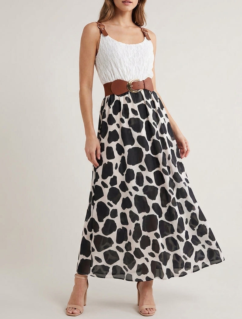 Abito lungo con stampa giraffa e spalline similpelle - Nero