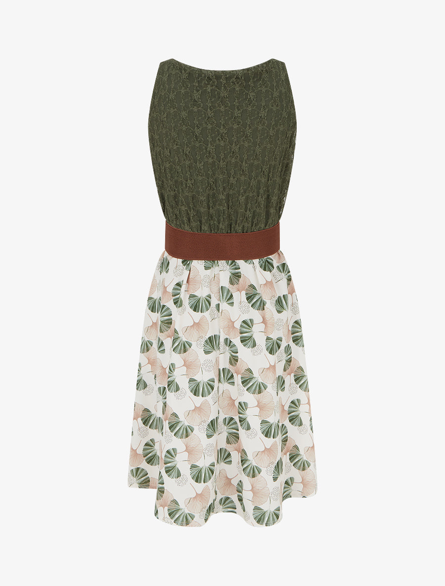 Robe mi-longue imprimé ginkgo et bretelles simili - Kaki - 2