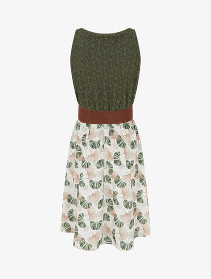 Robe mi-longue imprimé ginkgo et bretelles simili - Kaki - 2