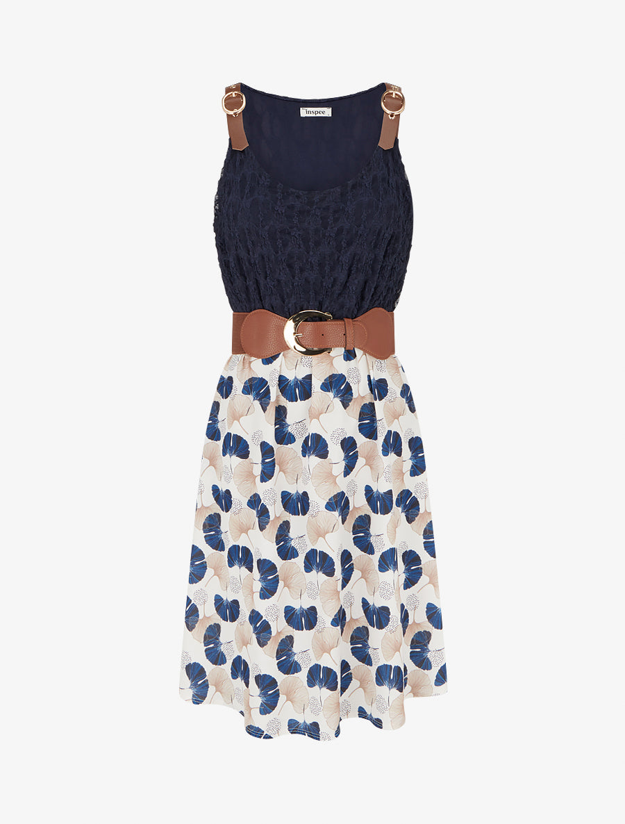 Robe mi-longue imprimé ginkgo et bretelles simili - Marine - 1