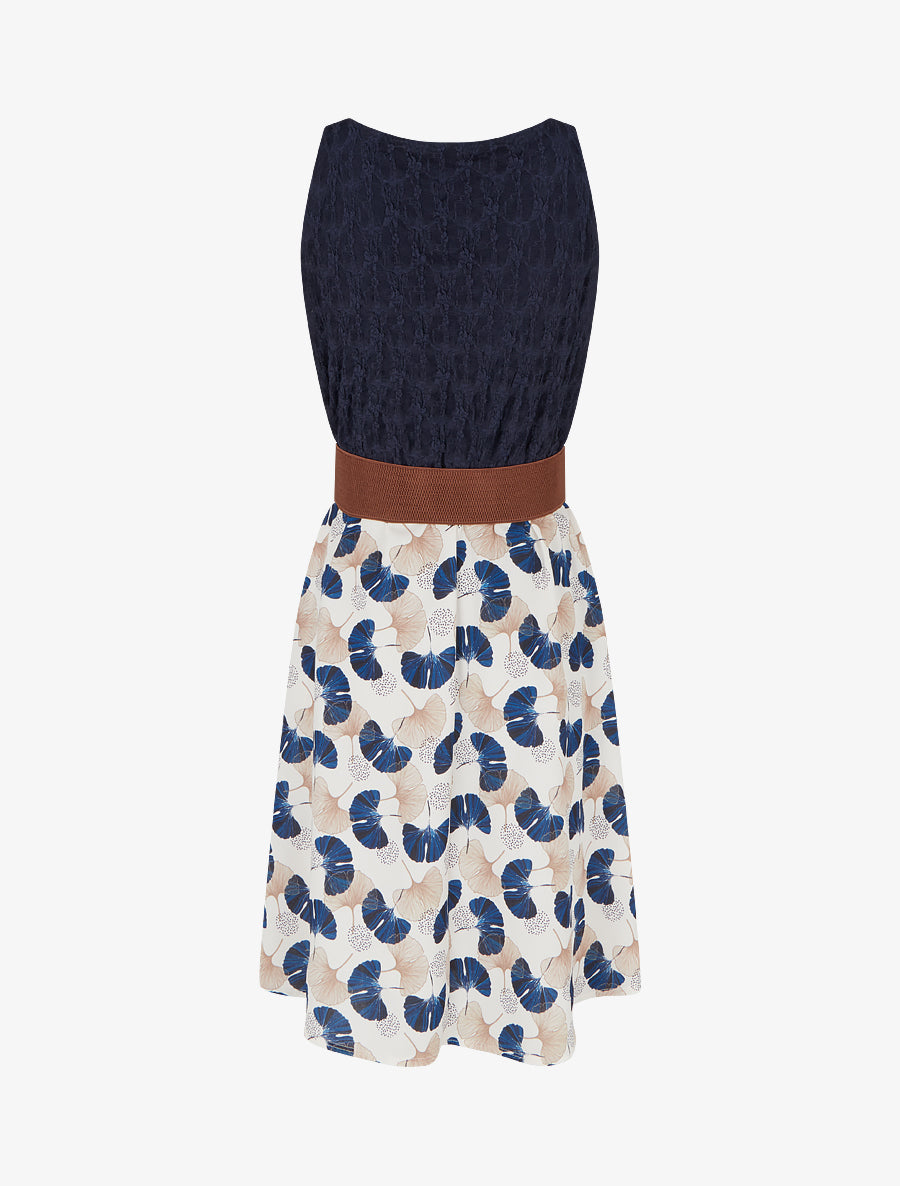 Robe mi-longue imprimé ginkgo et bretelles simili - Marine - 2