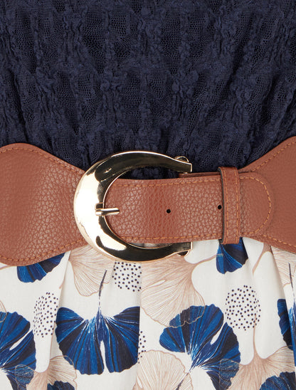 Robe mi-longue imprimé ginkgo et bretelles simili - Marine - 3