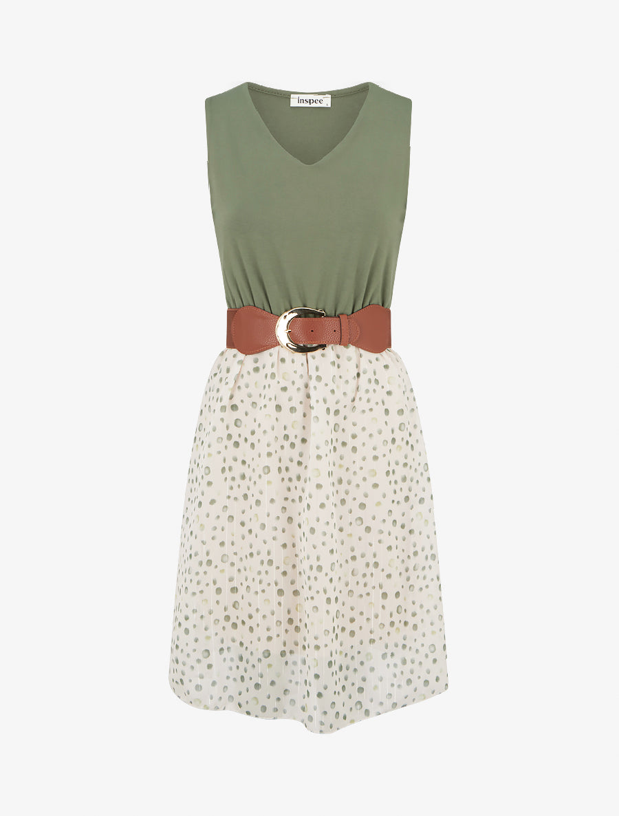 Robe coupe évasée imprimé pois fantaisies - Kaki - 1