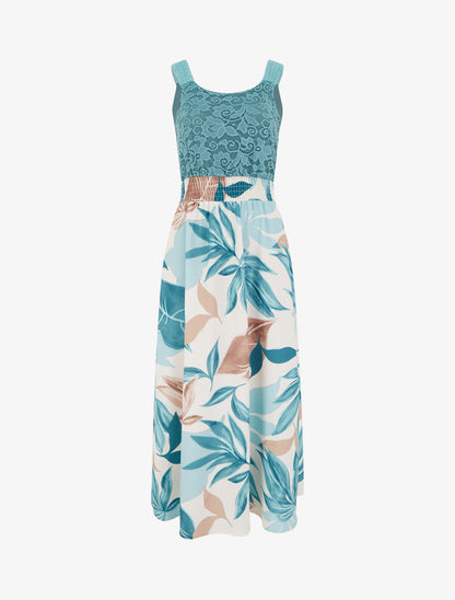 Robe imprimé fantaisie à bretelles en crochet - Turquoise - 1