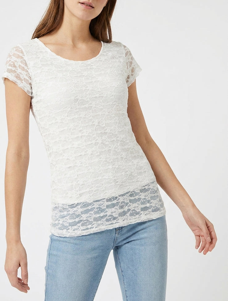 Top in pizzo a collo rotondo - Bianco