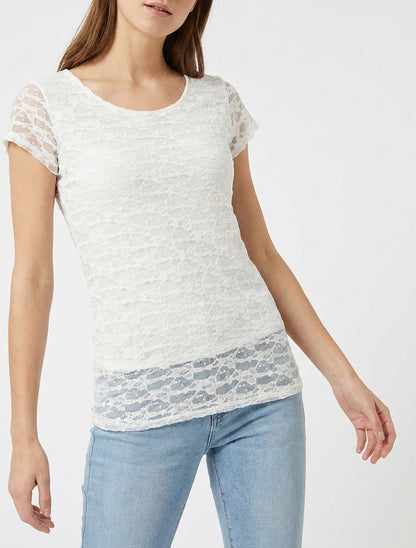 Top in pizzo a collo rotondo - Bianco