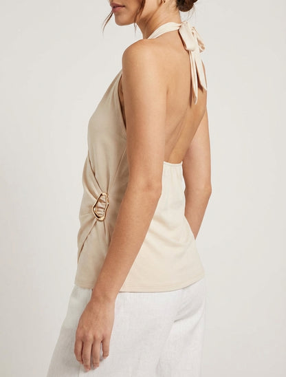 Top schiena scoperta con inserto gioiello. - Beige