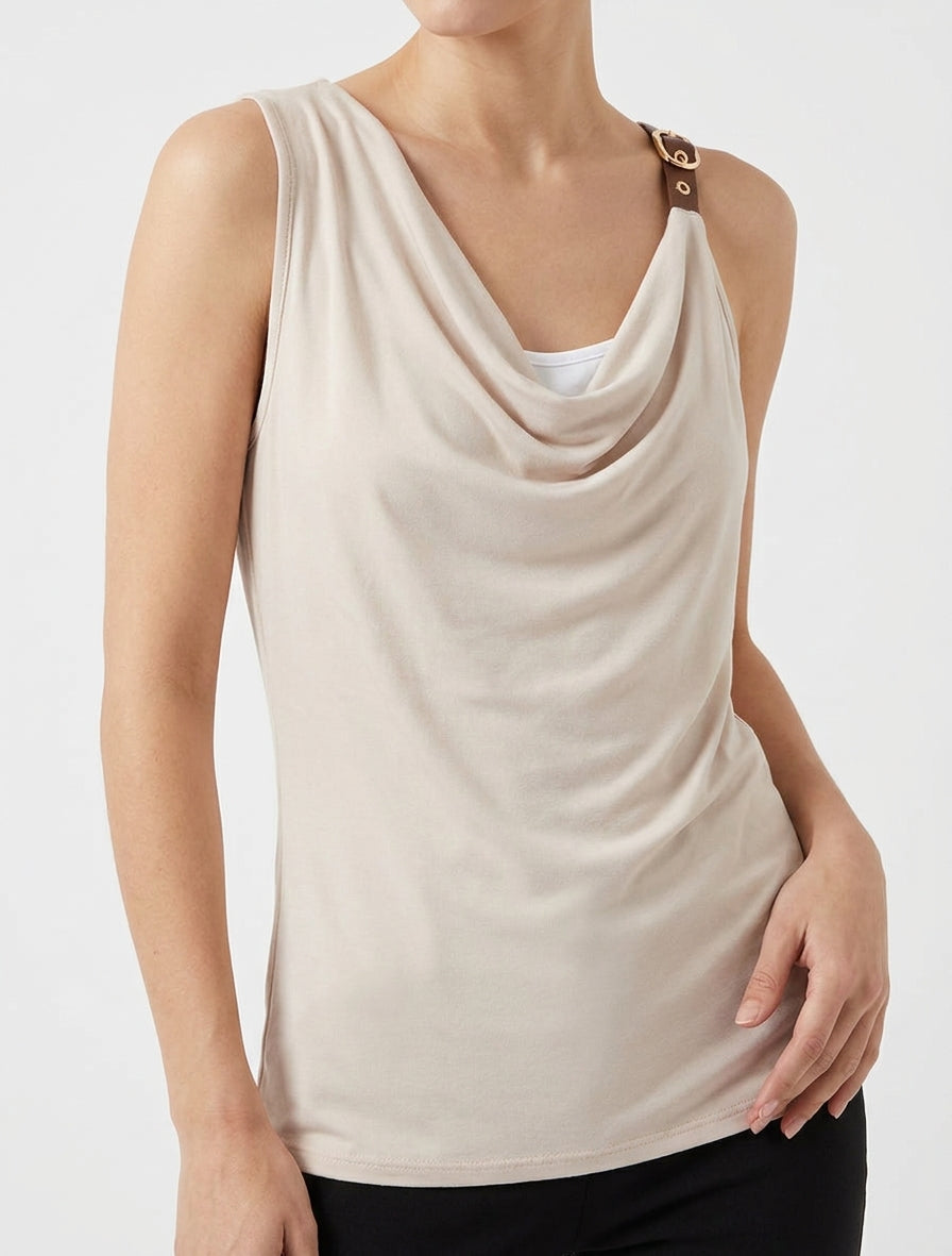 Top fluido con spalline in similpelle - Beige