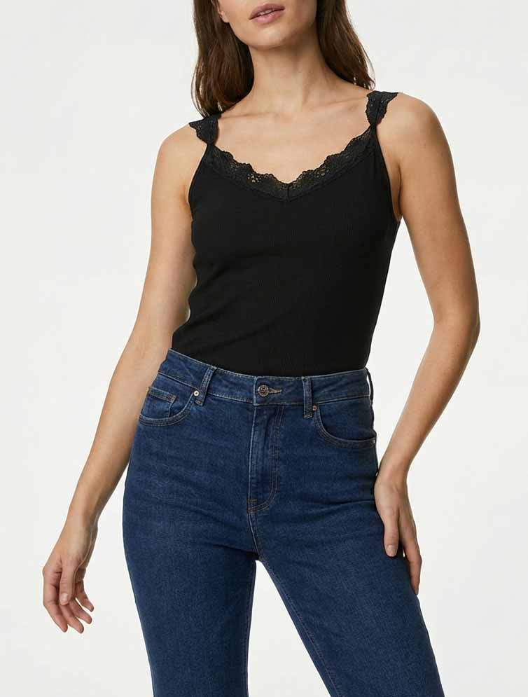 Canotta a coste con spalline in pizzo - Nero