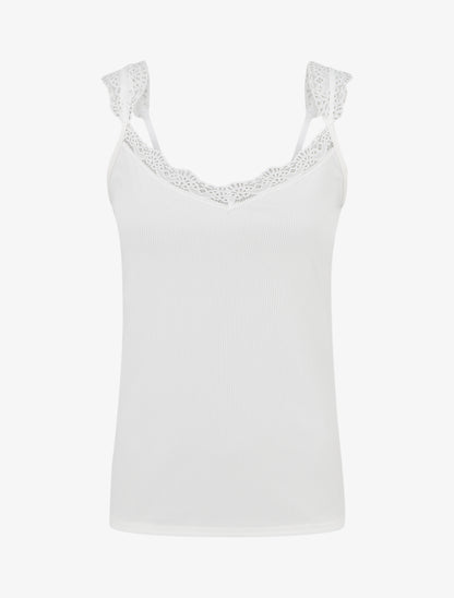 Débardeur côtelé à bretelles en dentelle - Blanc - 1