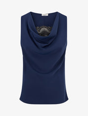 Top sans manches à col bénitier et dentelle - Marine - 1