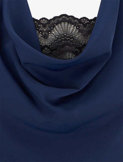 Top sans manches à col bénitier et dentelle - Marine - 3