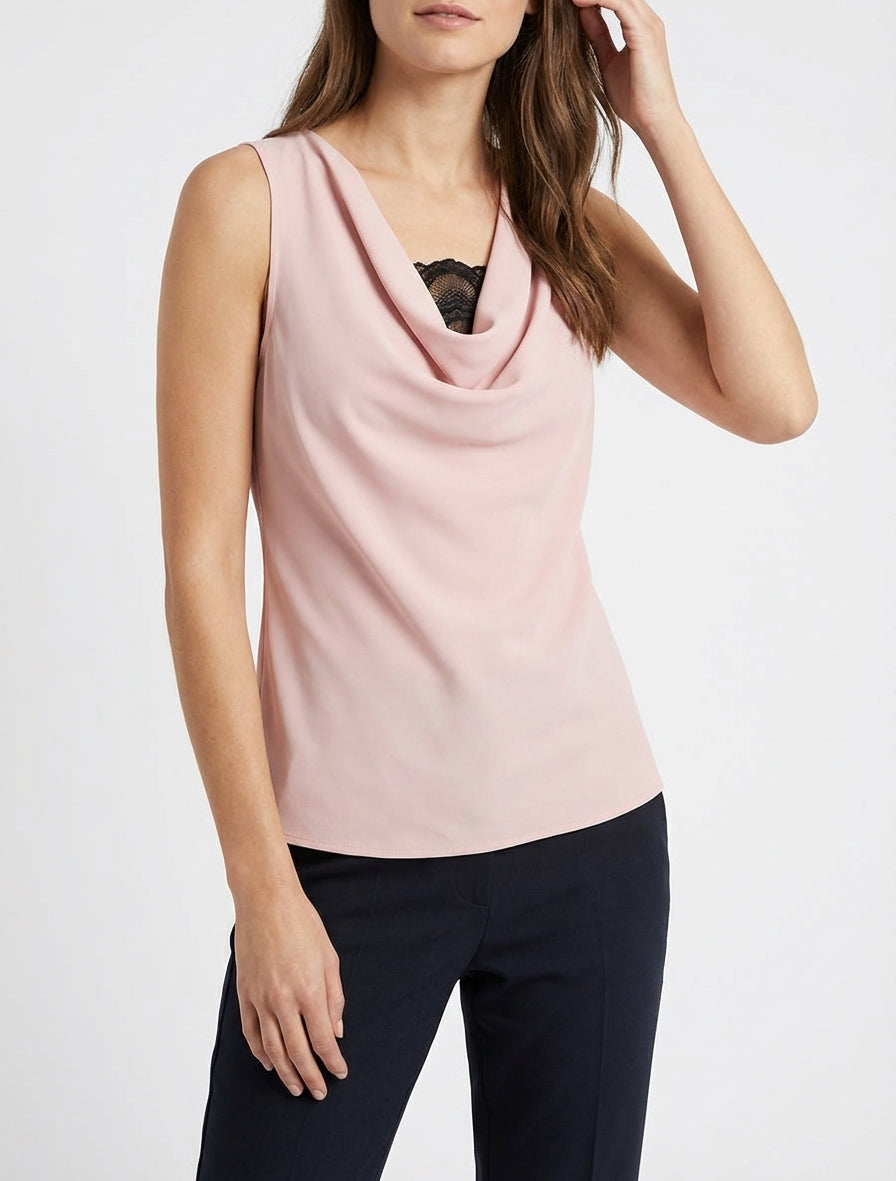 Top senza maniche con scollo a cascata e pizzo - Rosa