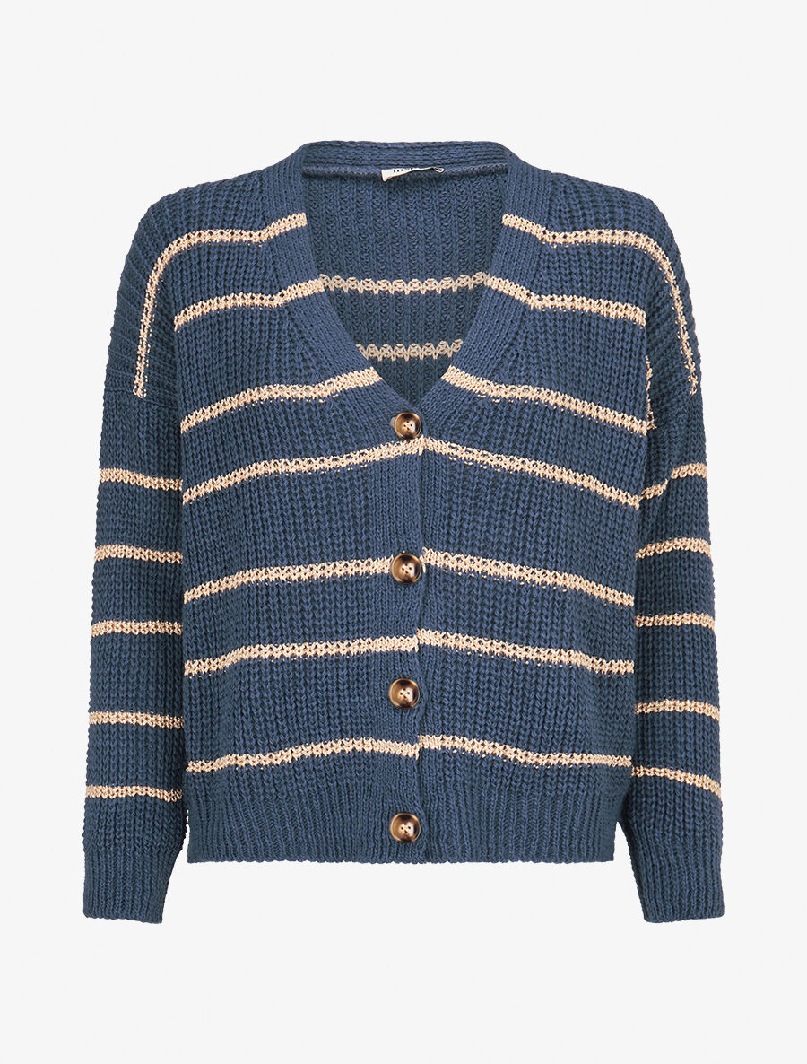 Cardigan col V à rayures lamées - Bleu pétrole - 1