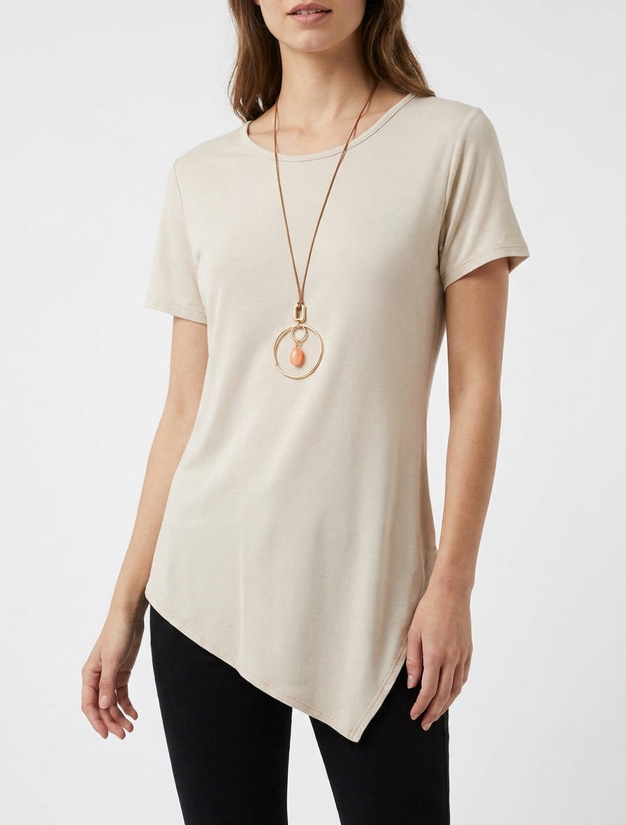 Top a maniche corte con orli asimmetrici - Beige
