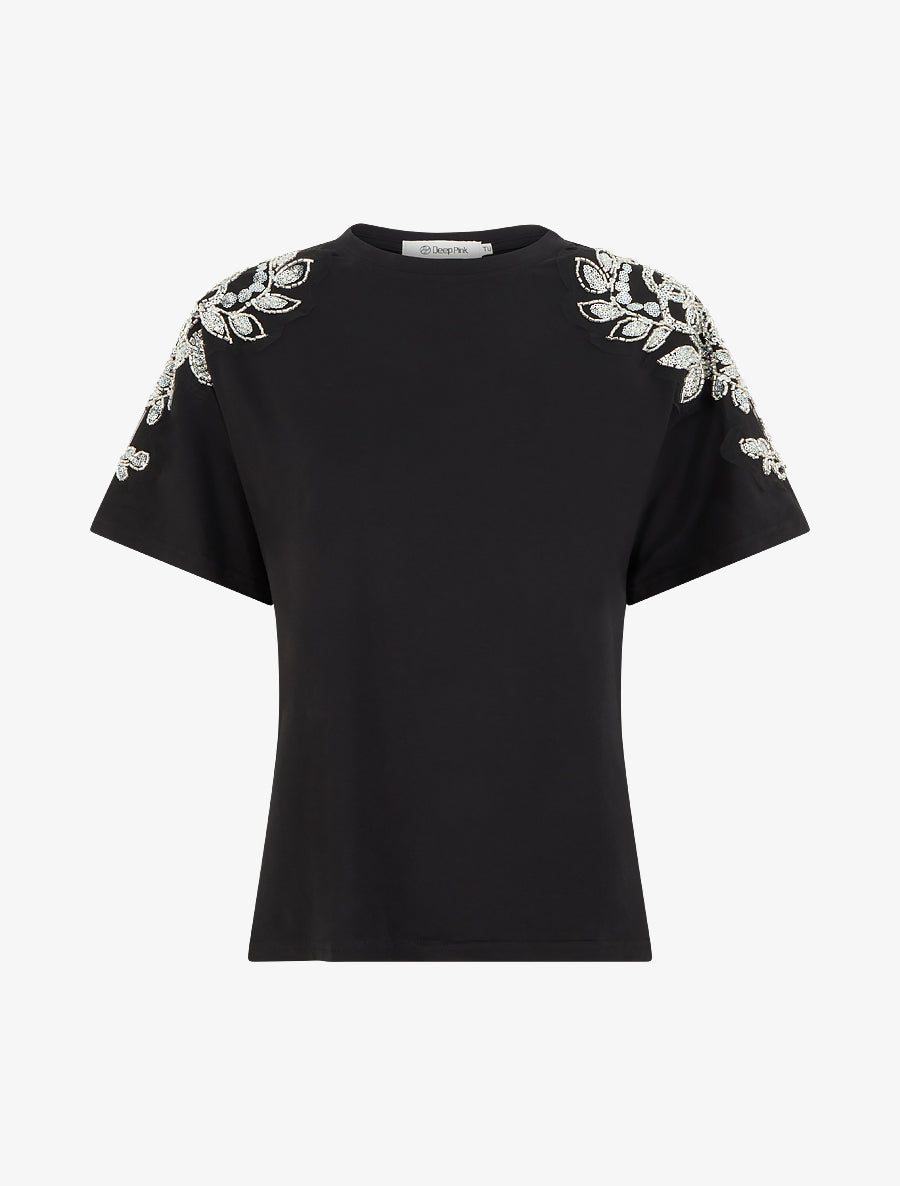 T-shirt manches courtes à épaules strassées - Noir - 1