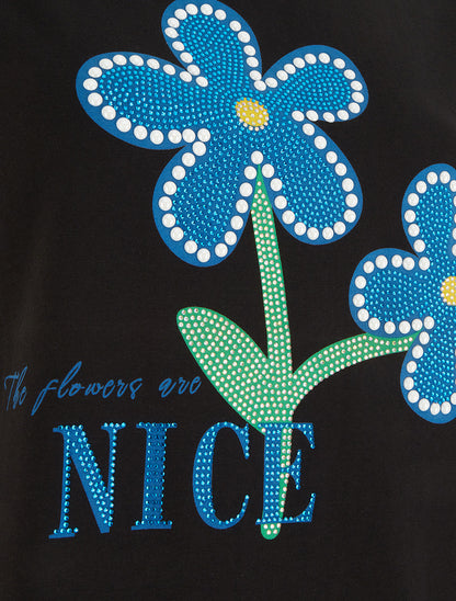 T-shirt à strass et fleurs - Noir - 3