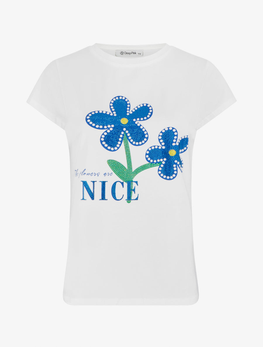 T-shirt à strass et fleurs - Blanc - 1