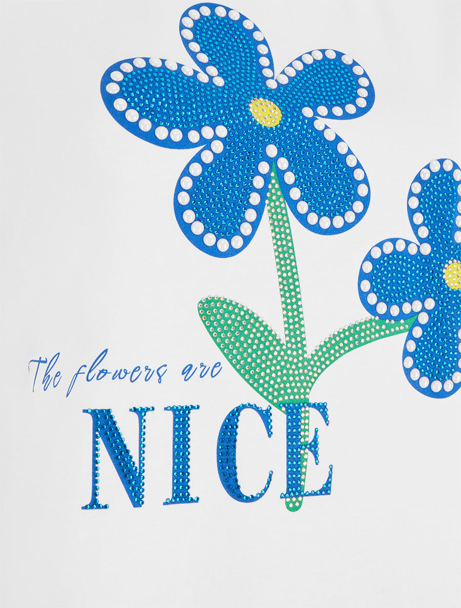 T-shirt à strass et fleurs - Blanc - 3