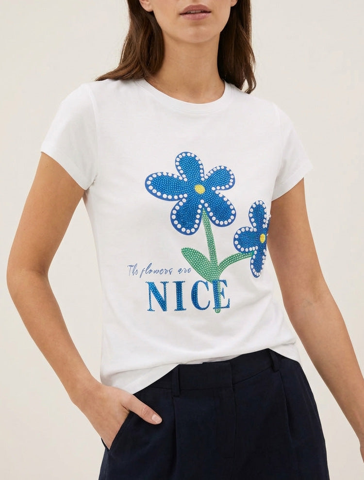 Maglietta con strass e fiori - Bianco