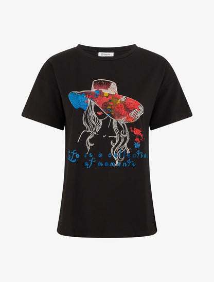 T-shirt à strass motif dame au chapeau - Noir - 1