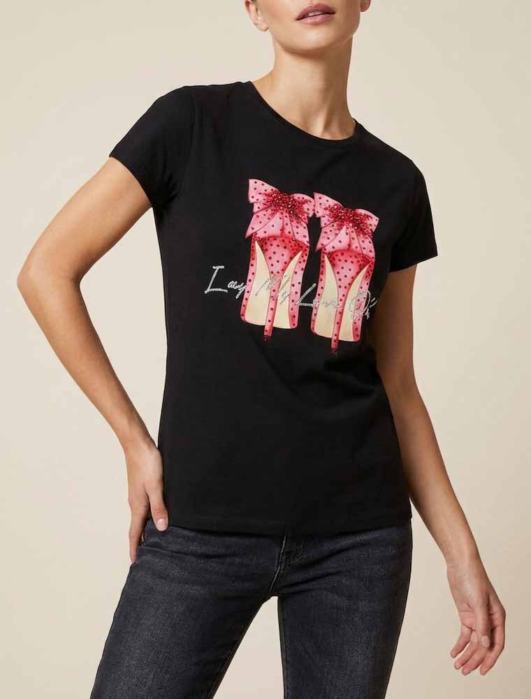 Maglietta con strass e motivo stiletto - Nero