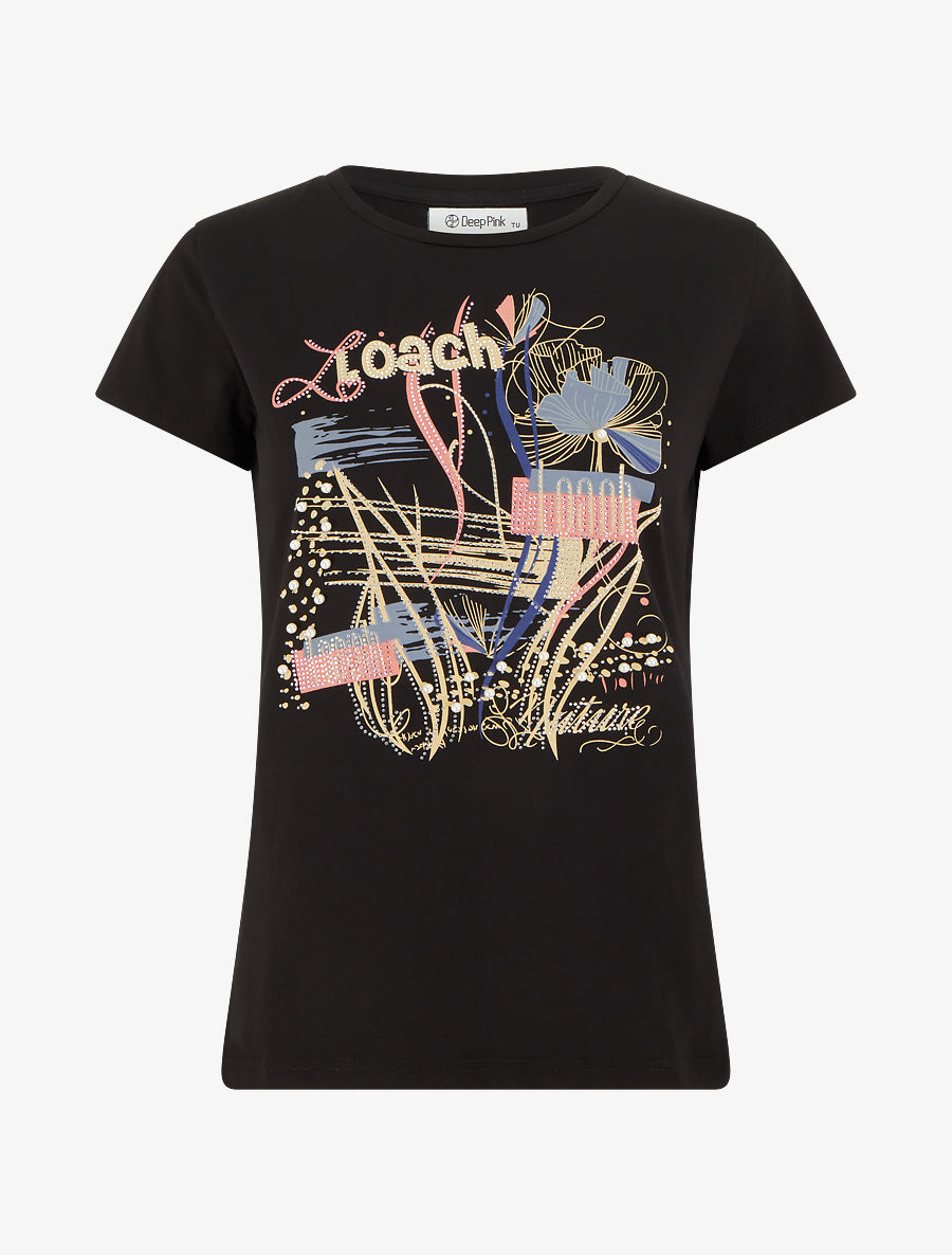 T-shirt floqué à strass et perles - Noir - 1