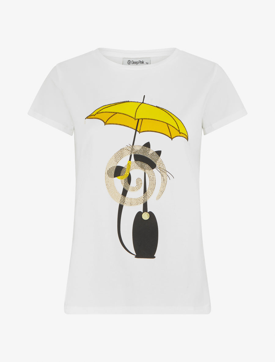 T-shirt à motif chat et parapluie strassé - Blanc - 1