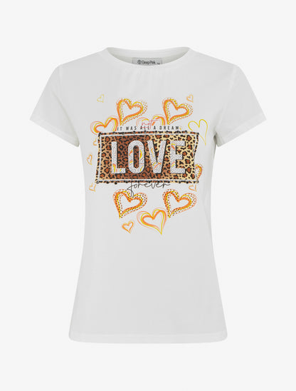 T-shirt à message et motif fleurs strassés - Blanc - 1